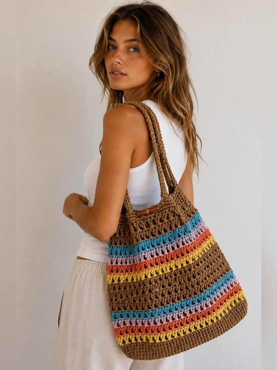 Handbags - Boho Chic Crochet Festival Tote Bag Multicolor Stripe Beach Market Bag Cottage